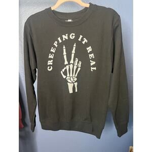 Fifth Sun Zuni Black Creeping It Real Skeleton Hand Peace Graphic Sweatshirt Sm